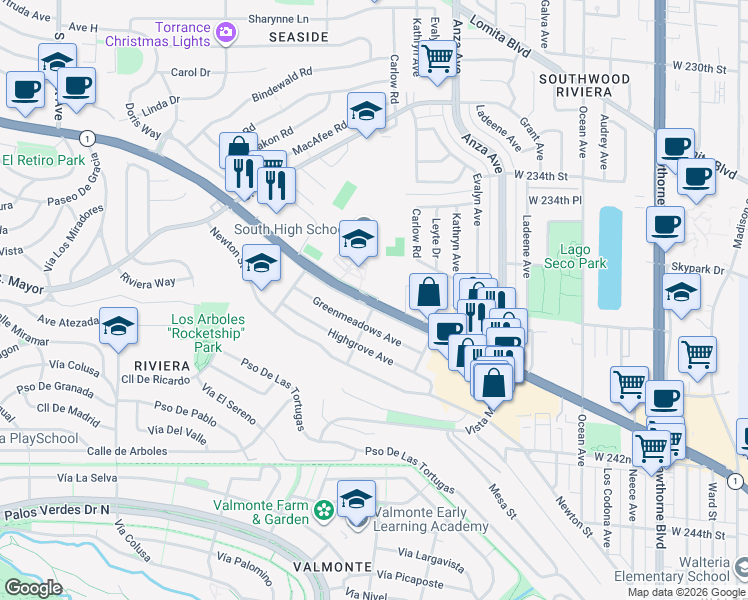 map of restaurants, bars, coffee shops, grocery stores, and more near 4613 California 1 in Torrance