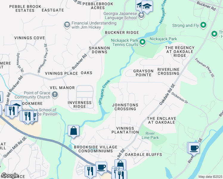 map of restaurants, bars, coffee shops, grocery stores, and more near 1424 Riverline Trail in Mableton