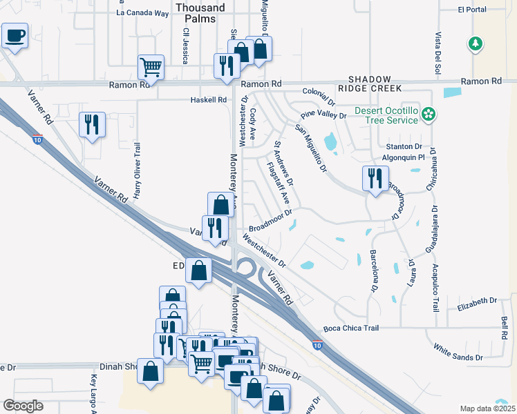 map of restaurants, bars, coffee shops, grocery stores, and more near 32820 Boca Raton Place in Thousand Palms