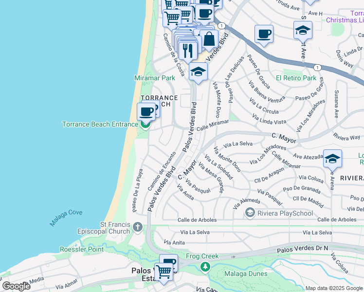 map of restaurants, bars, coffee shops, grocery stores, and more near 424 Camino de Encanto in Redondo Beach