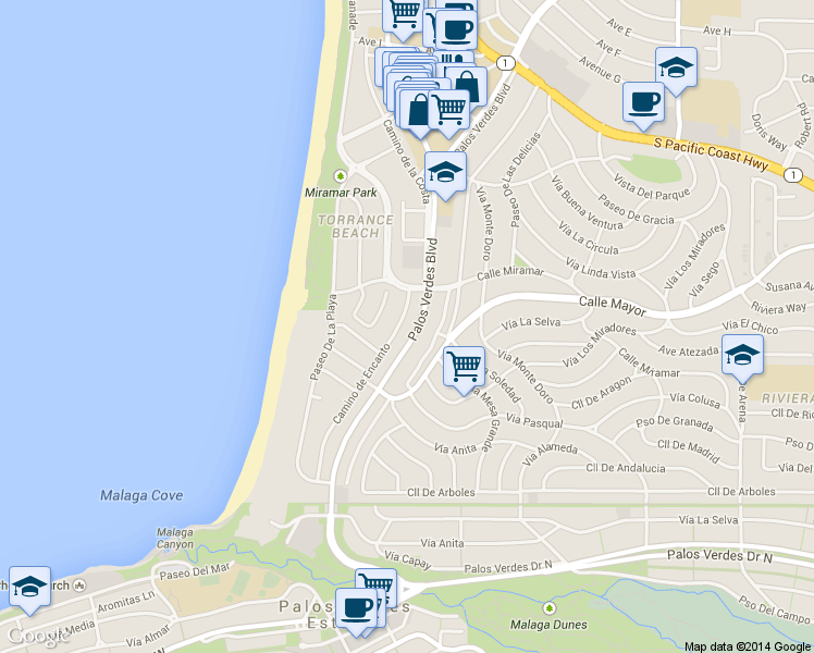 map of restaurants, bars, coffee shops, grocery stores, and more near 424 Camino de Encanto in Redondo Beach