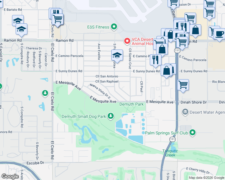 map of restaurants, bars, coffee shops, grocery stores, and more near 915 South Paseo Dorotea in Palm Springs