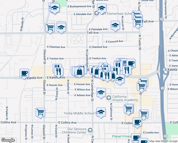 map of restaurants, bars, coffee shops, grocery stores, and more near 932 East Carleton Avenue in Orange