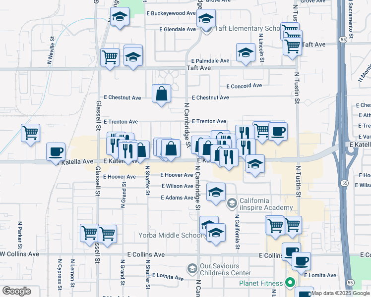 map of restaurants, bars, coffee shops, grocery stores, and more near 501 East Katella Avenue in Orange