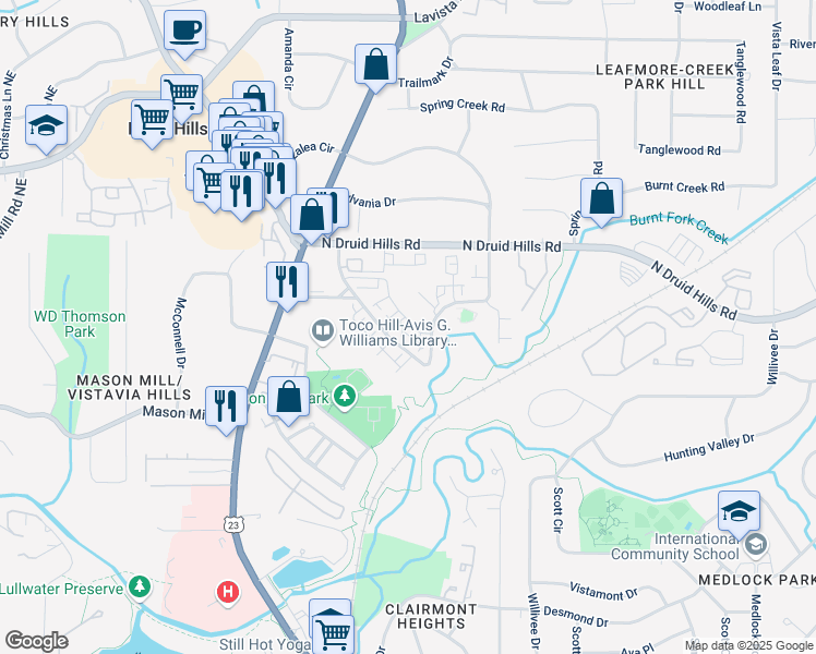 map of restaurants, bars, coffee shops, grocery stores, and more near 1165 Millennium Park Road in Decatur