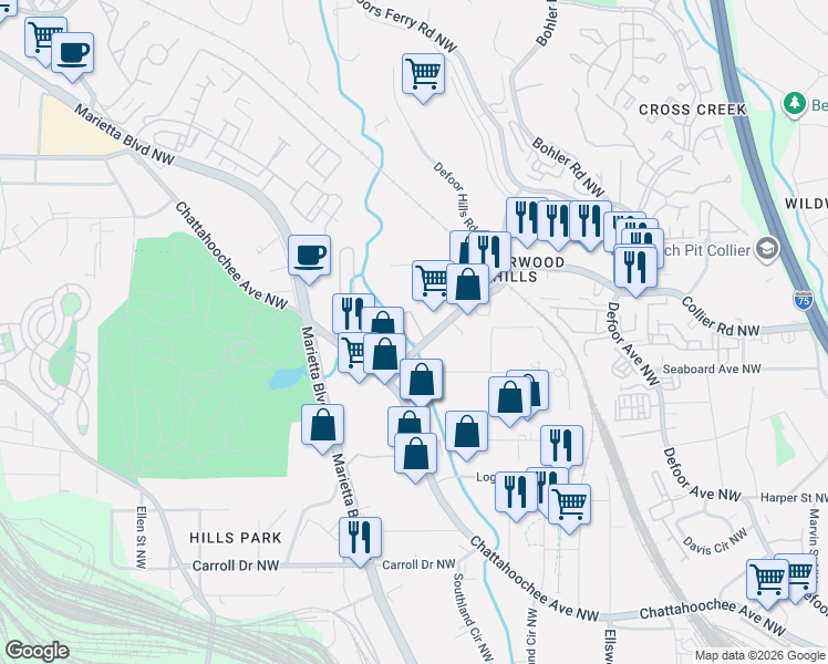 map of restaurants, bars, coffee shops, grocery stores, and more near 1391 Collier Road Northwest in Atlanta