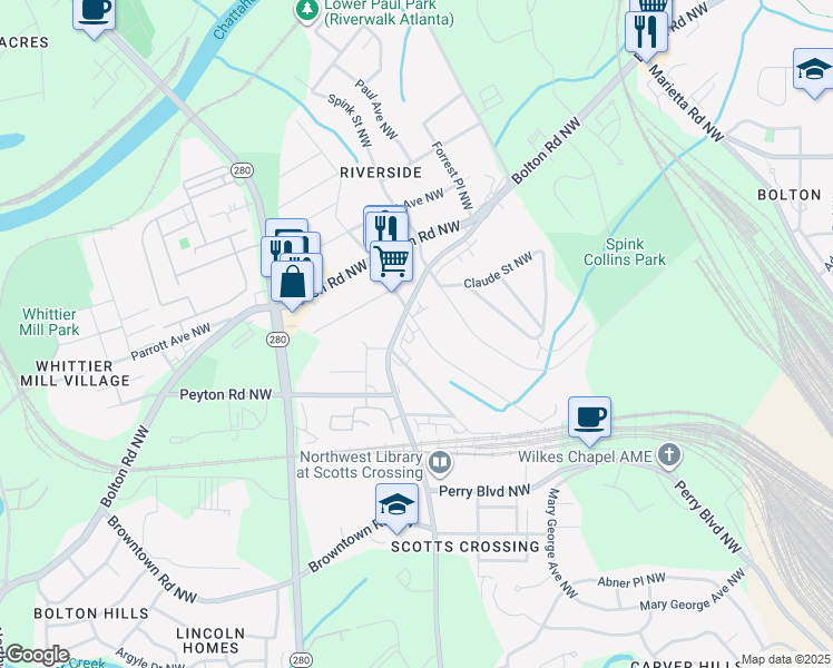 map of restaurants, bars, coffee shops, grocery stores, and more near 1994 Main Street Northwest in Atlanta