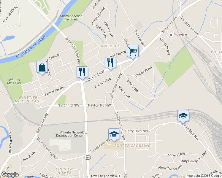 map of restaurants, bars, coffee shops, grocery stores, and more near 1992 Hollywood Road Northwest in Atlanta