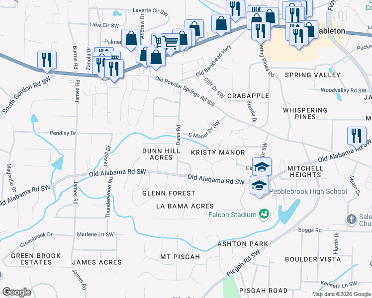 map of restaurants, bars, coffee shops, grocery stores, and more near 5911 Dunn Road in Mableton
