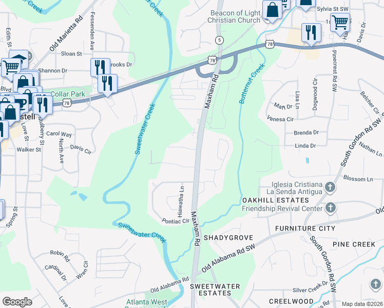 map of restaurants, bars, coffee shops, grocery stores, and more near 2253 Salt Springs Place in Austell