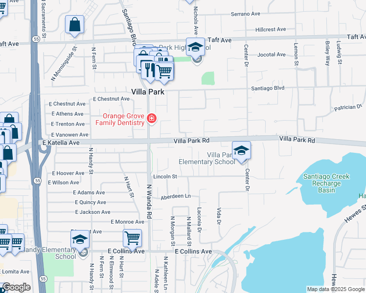 map of restaurants, bars, coffee shops, grocery stores, and more near 10476 Fredrick Drive in Villa Park