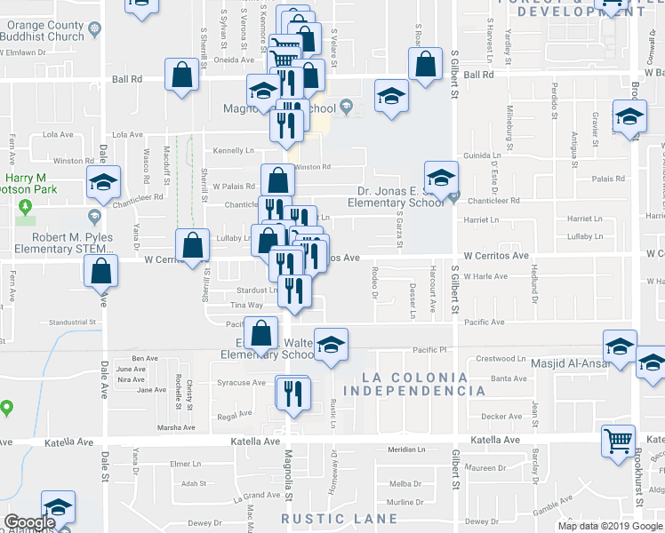 map of restaurants, bars, coffee shops, grocery stores, and more near 9142 West Cerritos Avenue in Anaheim