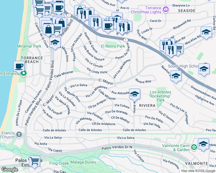 map of restaurants, bars, coffee shops, grocery stores, and more near 237 Vía Los Miradores in Redondo Beach