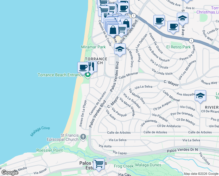 map of restaurants, bars, coffee shops, grocery stores, and more near 424 Camino de Encanto in Redondo Beach