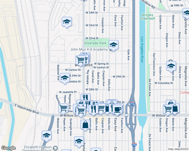 map of restaurants, bars, coffee shops, grocery stores, and more near 2912 Canal Ave in Long Beach