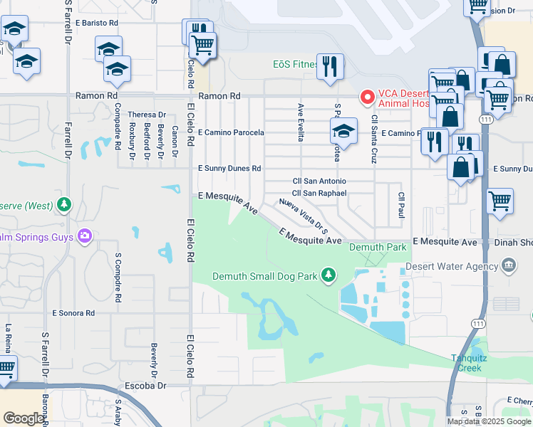 map of restaurants, bars, coffee shops, grocery stores, and more near 890 El Placer Road in Palm Springs