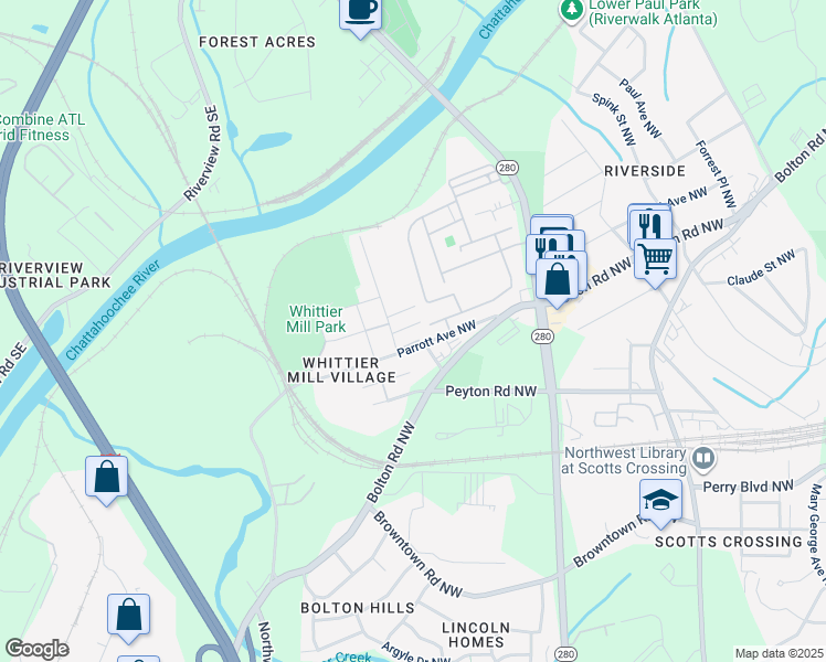 map of restaurants, bars, coffee shops, grocery stores, and more near 2874 Burden Street Northwest in Atlanta