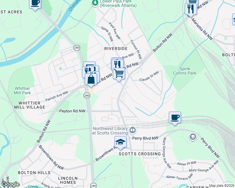 map of restaurants, bars, coffee shops, grocery stores, and more near 1992 Hollywood Road Northwest in Atlanta