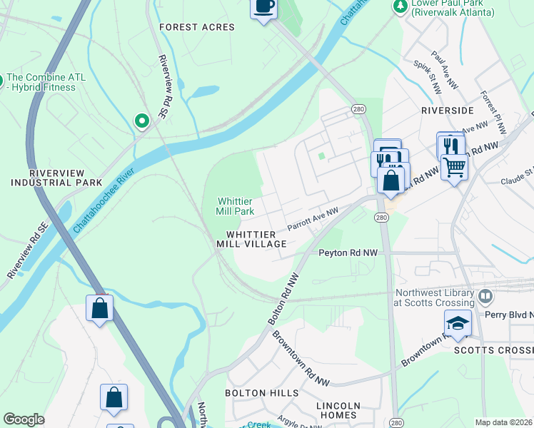 map of restaurants, bars, coffee shops, grocery stores, and more near Whittier Ave NW & Layton Ave NW in Atlanta