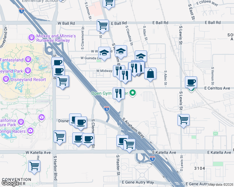 map of restaurants, bars, coffee shops, grocery stores, and more near 1122 West Bushell Street in Anaheim