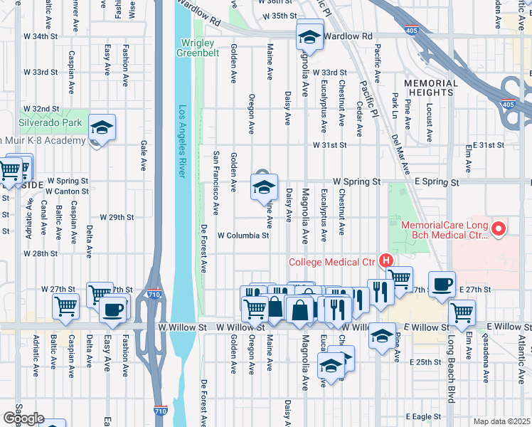 map of restaurants, bars, coffee shops, grocery stores, and more near 899 West 29th Street in Long Beach