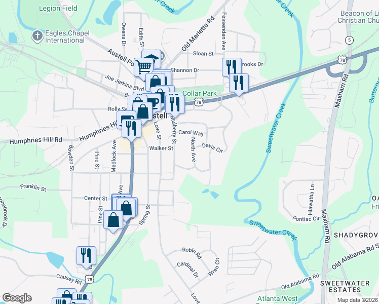 map of restaurants, bars, coffee shops, grocery stores, and more near 5930 North Avenue in Austell