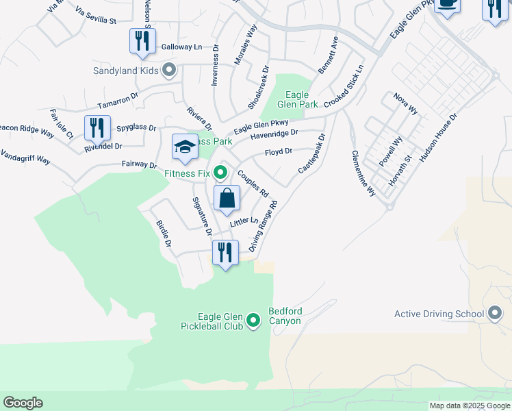 map of restaurants, bars, coffee shops, grocery stores, and more near 4325 Butler National Road in Corona