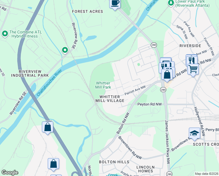 map of restaurants, bars, coffee shops, grocery stores, and more near in Atlanta