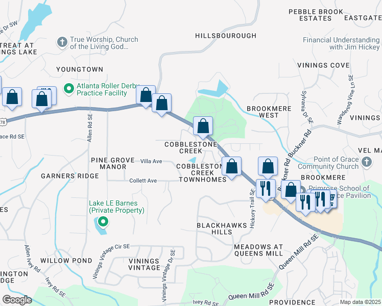 map of restaurants, bars, coffee shops, grocery stores, and more near 5888 Cobblestone Creek Circle in Mableton