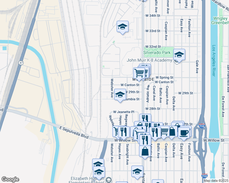 map of restaurants, bars, coffee shops, grocery stores, and more near 2031 West 29th Street in Long Beach