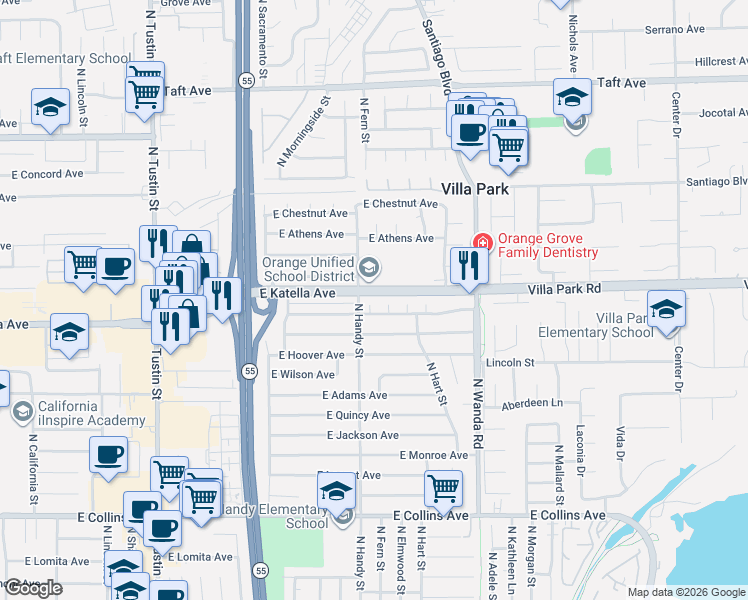map of restaurants, bars, coffee shops, grocery stores, and more near 1315 North Rembrandt Circle in Orange