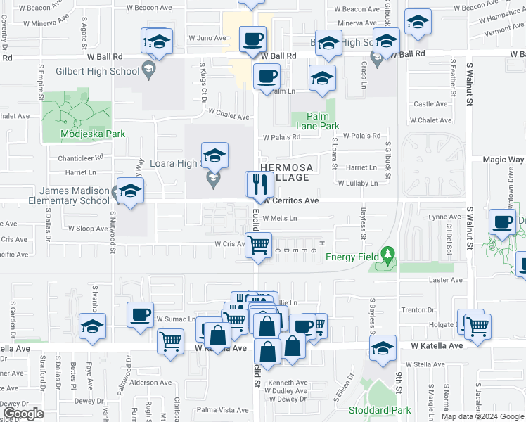map of restaurants, bars, coffee shops, grocery stores, and more near 1512 South Euclid Street in Anaheim