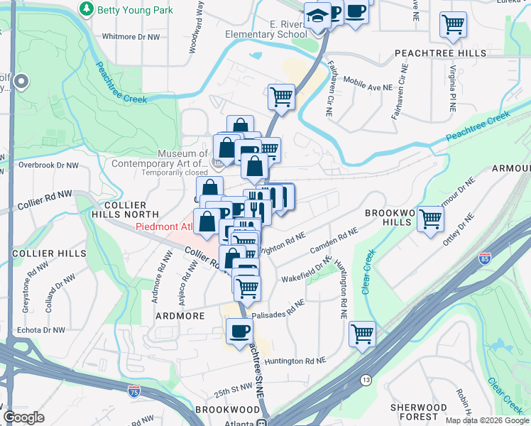 map of restaurants, bars, coffee shops, grocery stores, and more near 2035 Peachtree Road in Atlanta