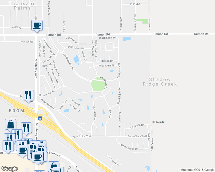 map of restaurants, bars, coffee shops, grocery stores, and more near 73633 Broadmoor Drive in Thousand Palms