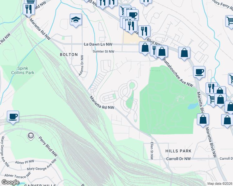 map of restaurants, bars, coffee shops, grocery stores, and more near 1694 Barfield Run Northwest in Atlanta