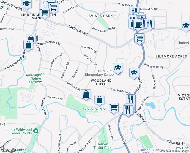 map of restaurants, bars, coffee shops, grocery stores, and more near 1089 Vista Trail Northeast in Atlanta
