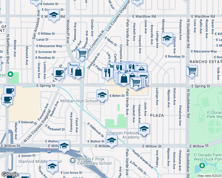 map of restaurants, bars, coffee shops, grocery stores, and more near 6226 East Spring Street in Long Beach