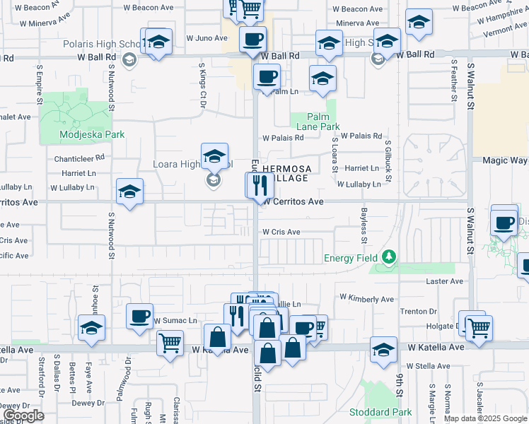 map of restaurants, bars, coffee shops, grocery stores, and more near 1512 South Euclid Street in Anaheim