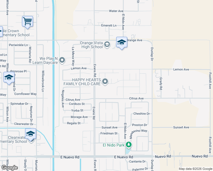 map of restaurants, bars, coffee shops, grocery stores, and more near 1235 Allegra Drive in Perris