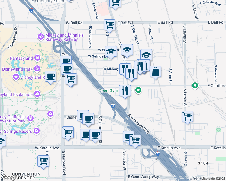 map of restaurants, bars, coffee shops, grocery stores, and more near 1622 West Bushell Street in Anaheim