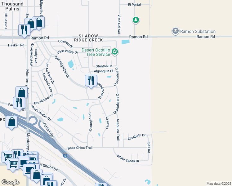 map of restaurants, bars, coffee shops, grocery stores, and more near 32833 Guadalajara Drive in Thousand Palms