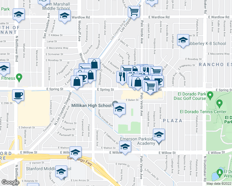 map of restaurants, bars, coffee shops, grocery stores, and more near 2966 Snowden Avenue in Long Beach
