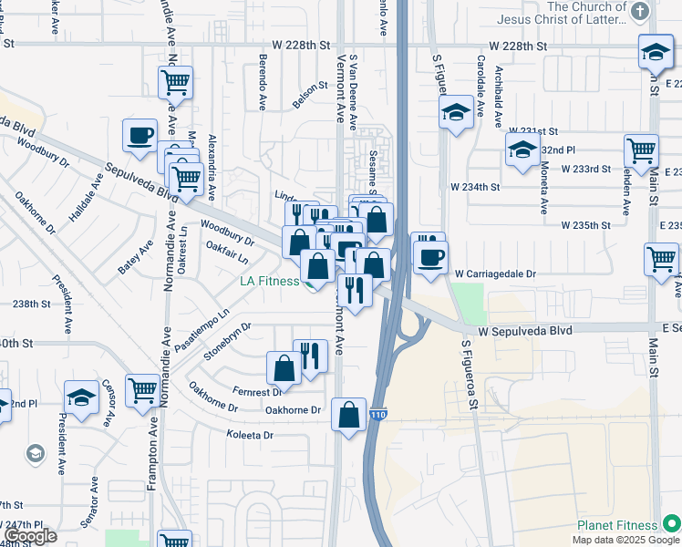 map of restaurants, bars, coffee shops, grocery stores, and more near S Vermont Ave & W Sepulveda Blvd in West Carson