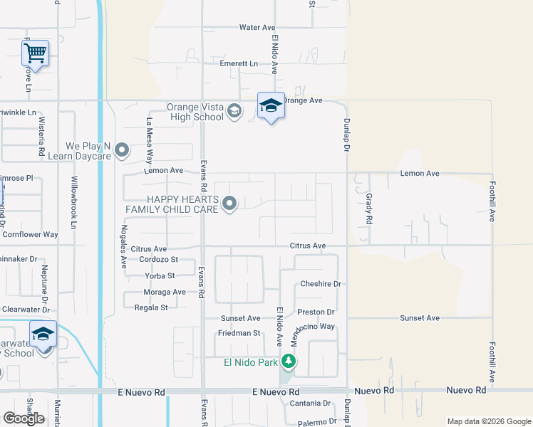 map of restaurants, bars, coffee shops, grocery stores, and more near 1340 Callista Way in Perris