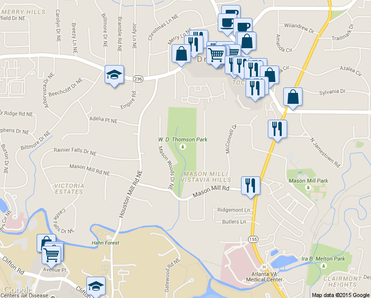 map of restaurants, bars, coffee shops, grocery stores, and more near 1760 Mason Mill Road in Decatur