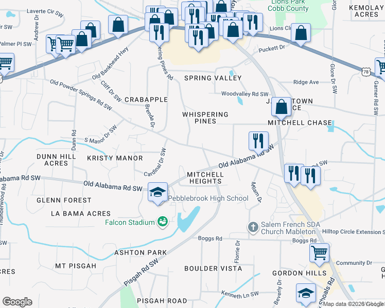 map of restaurants, bars, coffee shops, grocery stores, and more near 857 Old Powder Springs Road Southwest in Mableton