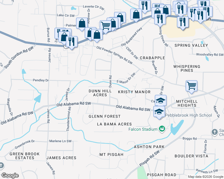 map of restaurants, bars, coffee shops, grocery stores, and more near 5911 Dunn Road in Mableton