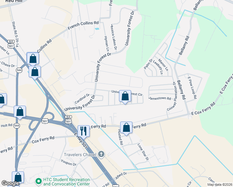 map of restaurants, bars, coffee shops, grocery stores, and more near 780 University Forest Circle in Conway