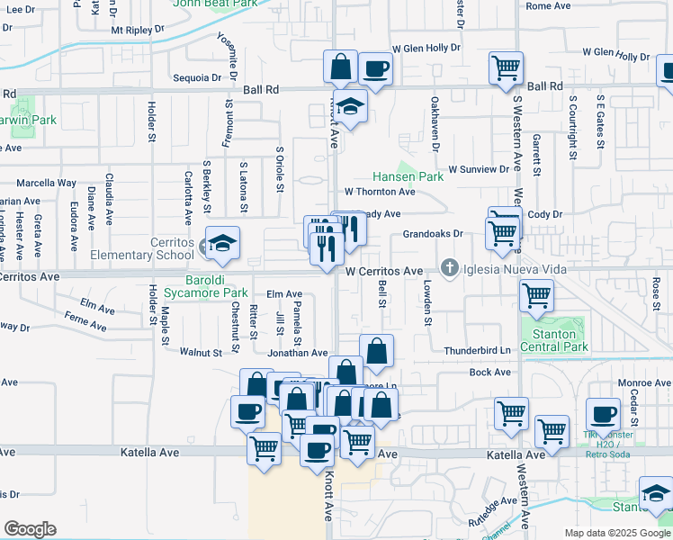 map of restaurants, bars, coffee shops, grocery stores, and more near Cerritos Ave & Knott Ave in Cypress