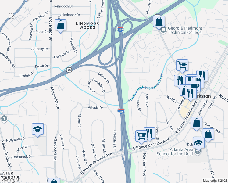 map of restaurants, bars, coffee shops, grocery stores, and more near 1079 De Leon Ct in Clarkston